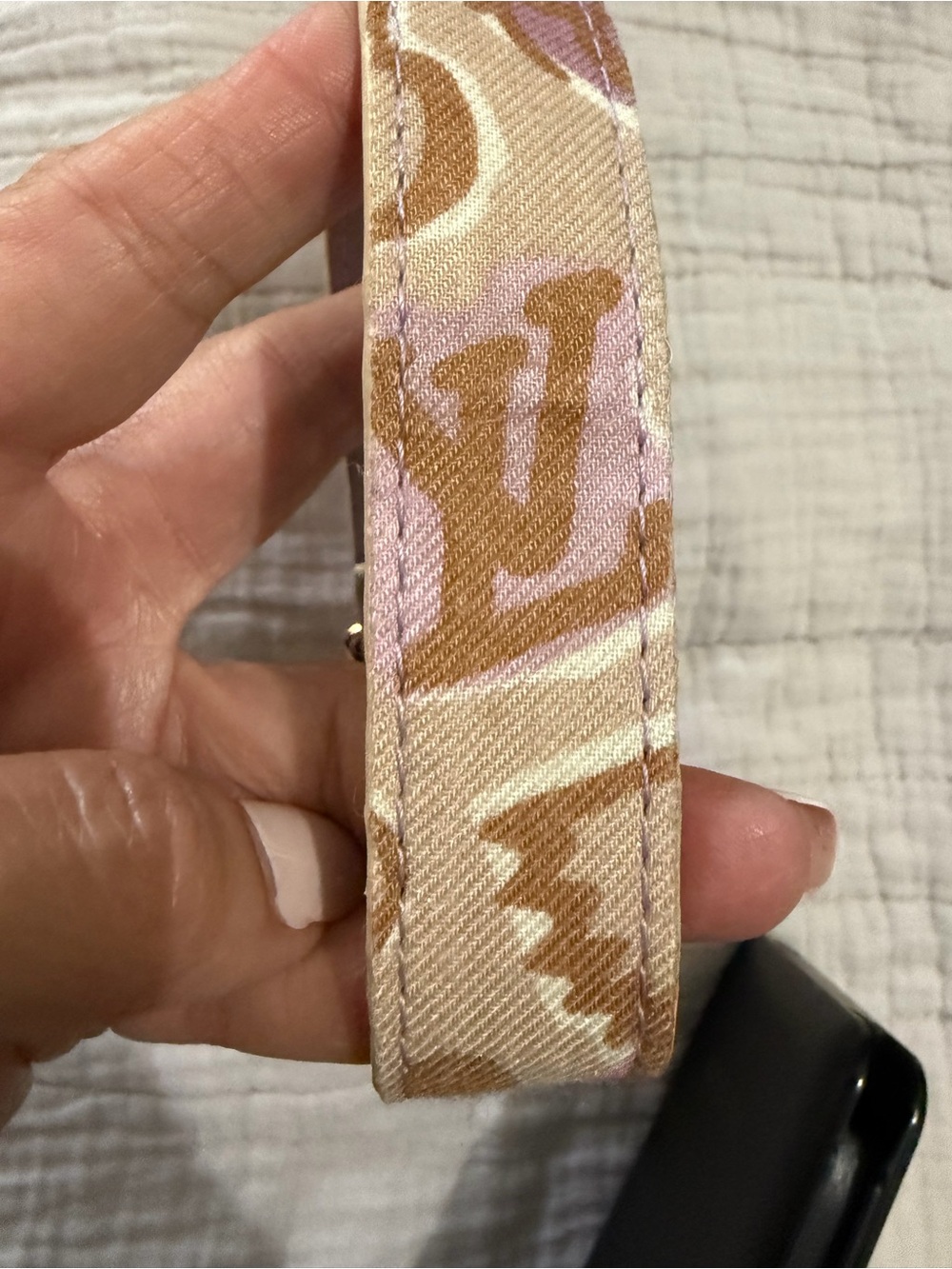Upcycled Beige Floral Wristlet Key & Card Holder with rose gold Hardware.